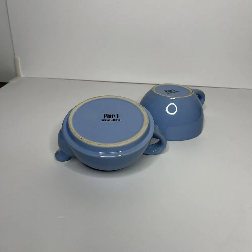 Pier 1 Imports Stoneware Blue Stack-able Teapot & Cup OR‎ Creamer & Sugar